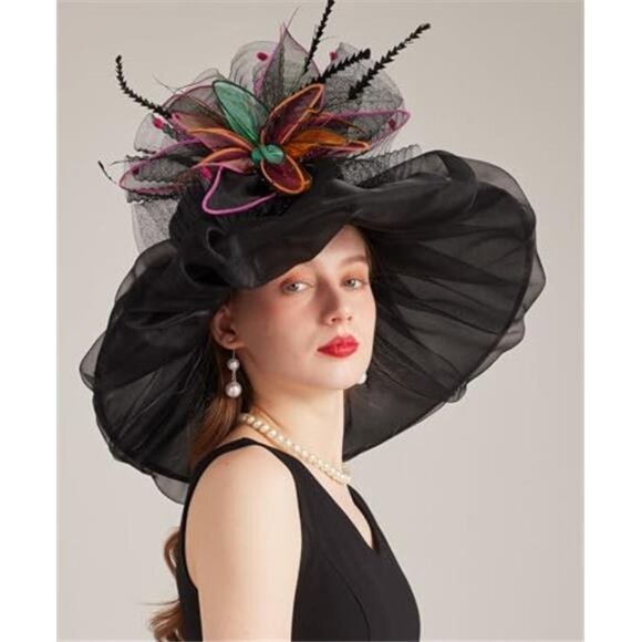 Women\'s Derby Church Hat Organza Flower Fascinator Wide Brim Sun Hat